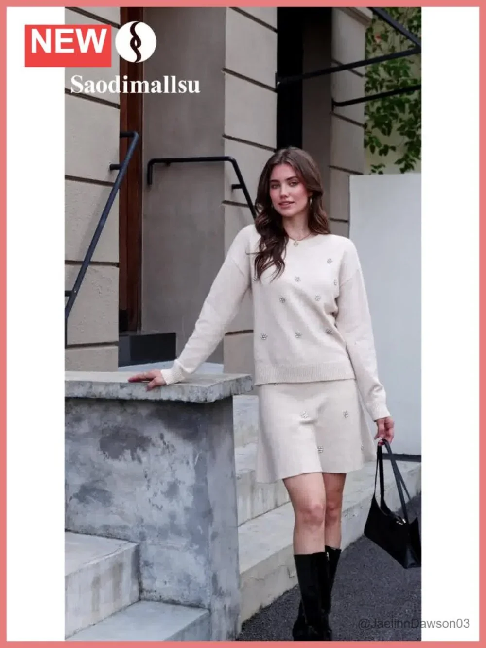 Womens 2 Piece Knit Sweater Skirt Set Long Sleeve Crew Neck Top Rhinestones Fall